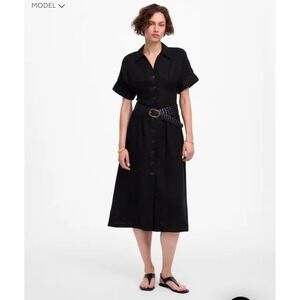 Madewell Dress 3X Black Linen Pleated Midi Shirt Dress Resort Collar NU580